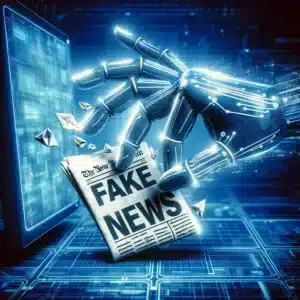 Digital artwork depicting a hand reaching from a computer screen to crumple a newspaper labeled 'FAKE NEWS', set against a futuristic digital interface background, symbolizing the fight against misinformation online